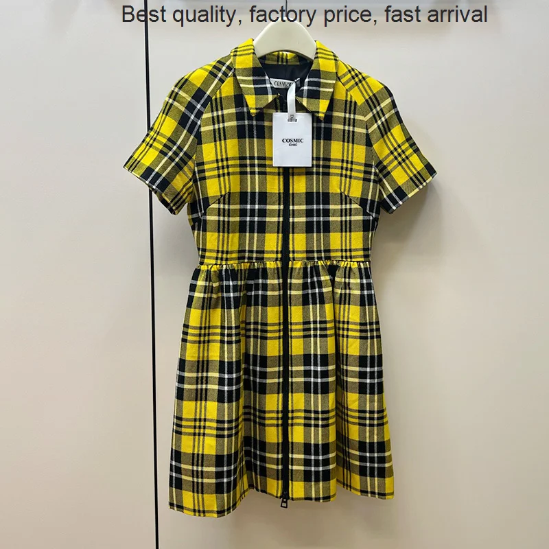 

quality luxury brand 22 Women Yellow Plaid Wool Shirt Runway Short Sleeve Lapel Mini England Style Vintage High Waist Lady Offic
