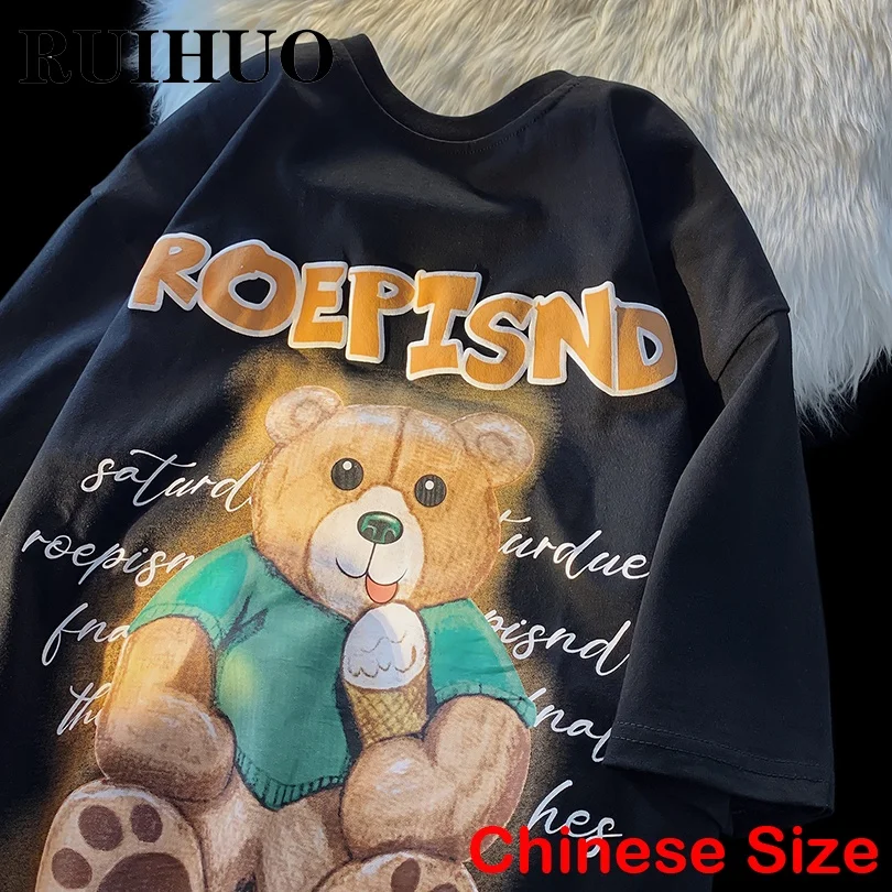 

RUIHUO Bear Print Vintage T Shirt For Men Clothes Chinese Size 2XL Streetwear Mens T-Shirts Harajuku Tops 2022 Spring New