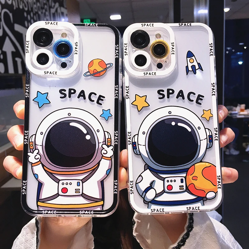 

Cute Cartoon Astronaut Clear Phone Case For iPhone 11 12 13 14 Pro Max X XR XS 7 8 Plus SE2020 Transparent Soft Shockproof Cover