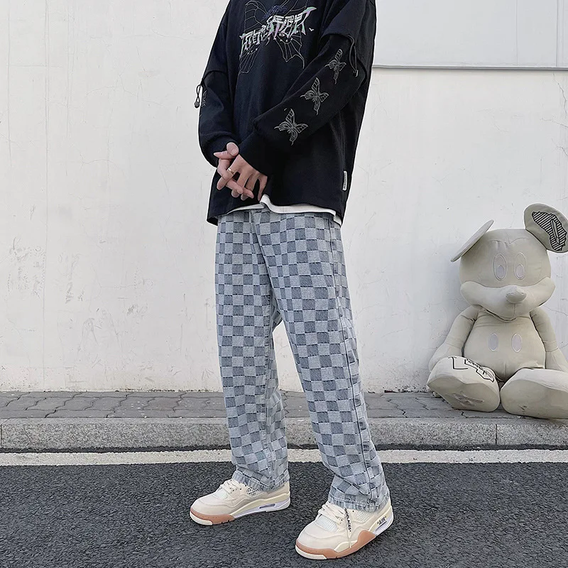 Spring new Korean fashion printed wide leg jeans men's casual jeans men's Retro street clothes loose hip hop straight men's