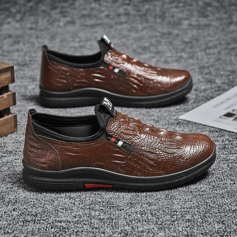 

Spring New Men's Leather Shoes Formal Casual Breathable Business Mens Oxford Dress Shoes Crocodile Pattern One Foot Pedal Flats