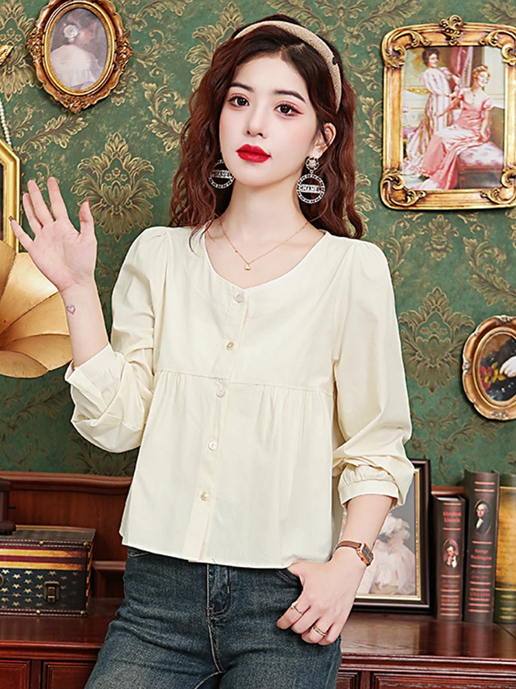 Рубашка женская шифоновая с длинным рукавом и круглым вырезом