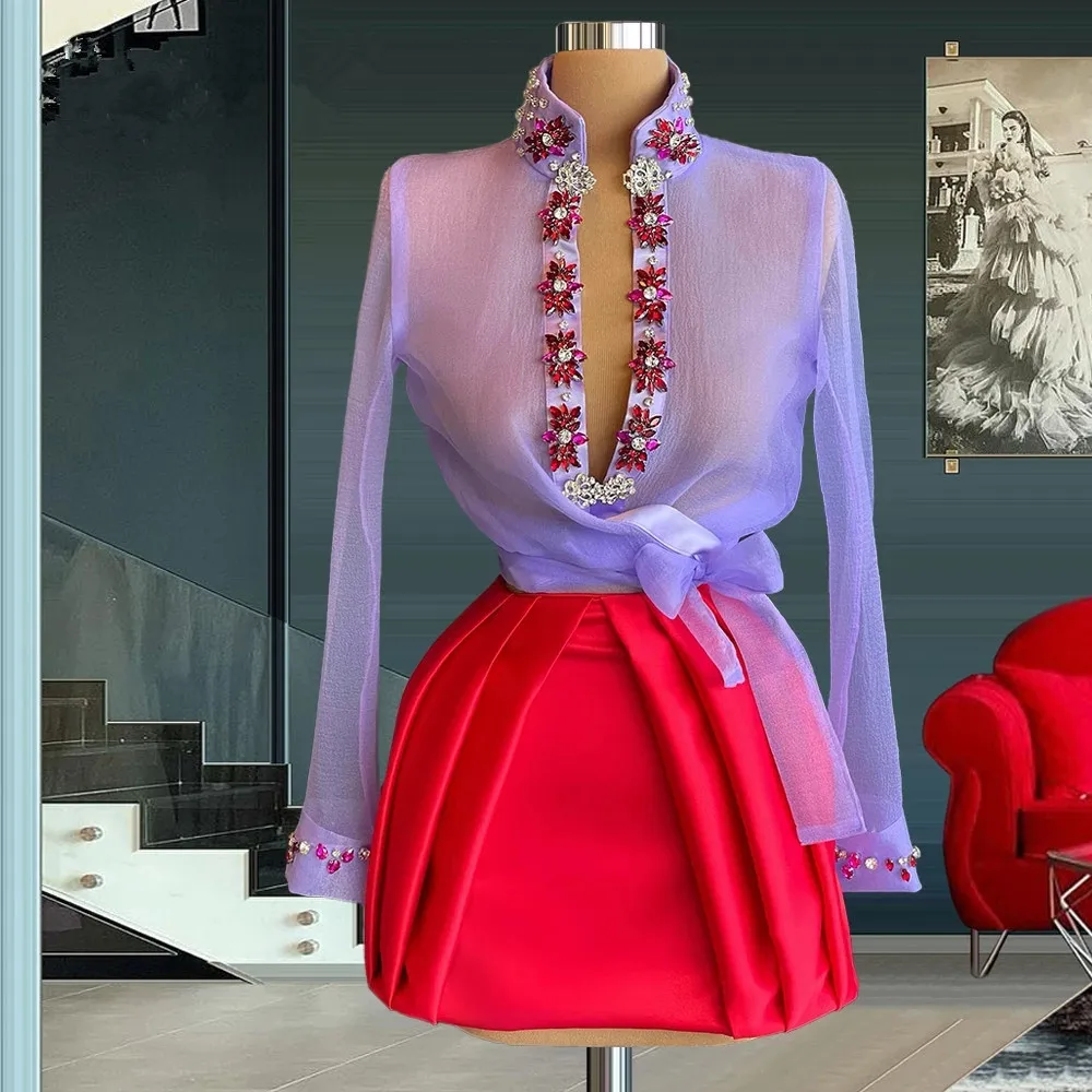 

Purple Cocktail Dresses Sheath V-neck Long Sleeves Short Mini Beaded Homecoming Dresses Haute Couture