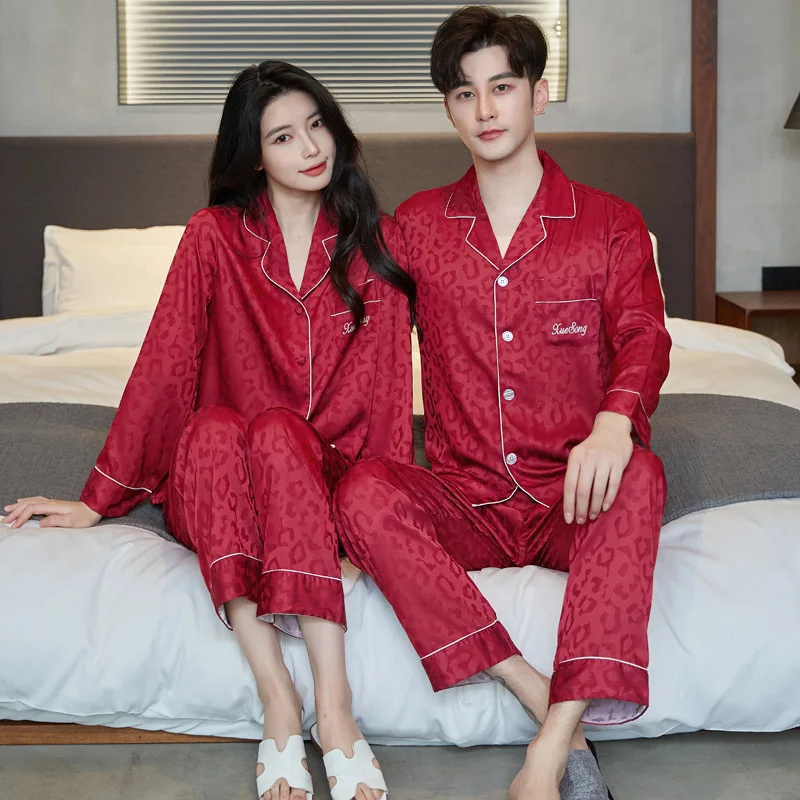 

Lovers Pajamas Women Age Season Men Emulation Silk Is Ice Silk Long Sleeve leopard-print Dress Code Easy Leisure Household To Ta