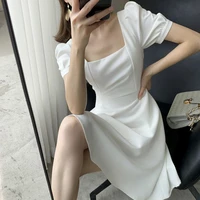 2022 summer new womens retro hepburn dress temperament solid color square neck a line skirt fashion simple ladies clothes