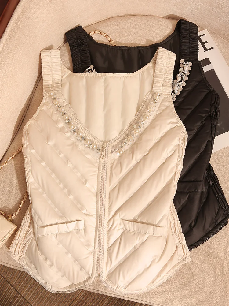 Женский пуховый жилет с бусинами для тяжелой промышленности зима 2023 новый дизайн