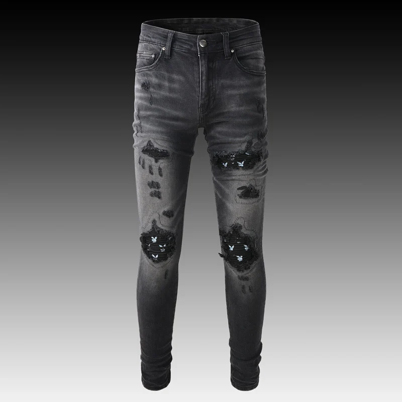 Streetwear Fashion Men Jeans Black Gray Elastic Slim Fit Ripped Jeans Men Destroyed Patched Designer Brand Hip Hop Punk Pants