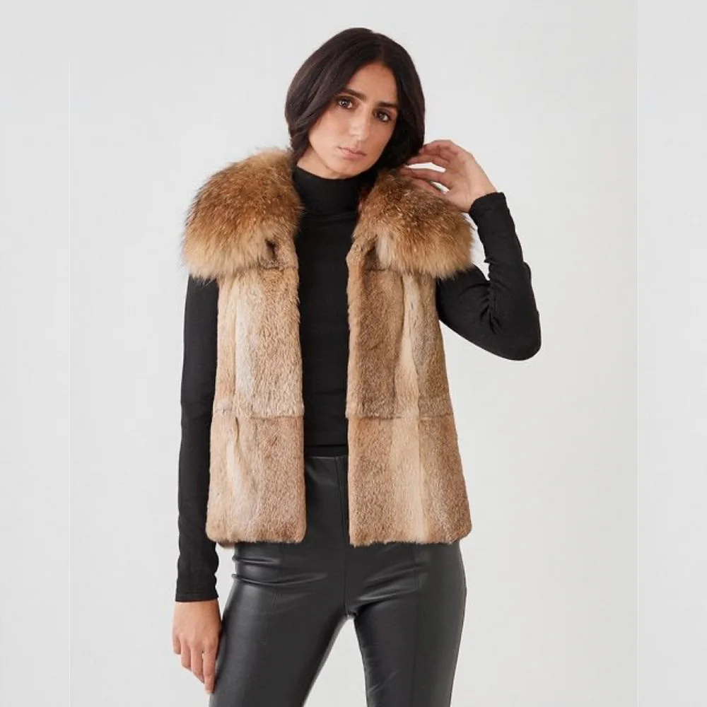 ladies winter 2023 fur vest real rabbit fur vest full skin with bigger raccoon fur collar best quality and fast delivery