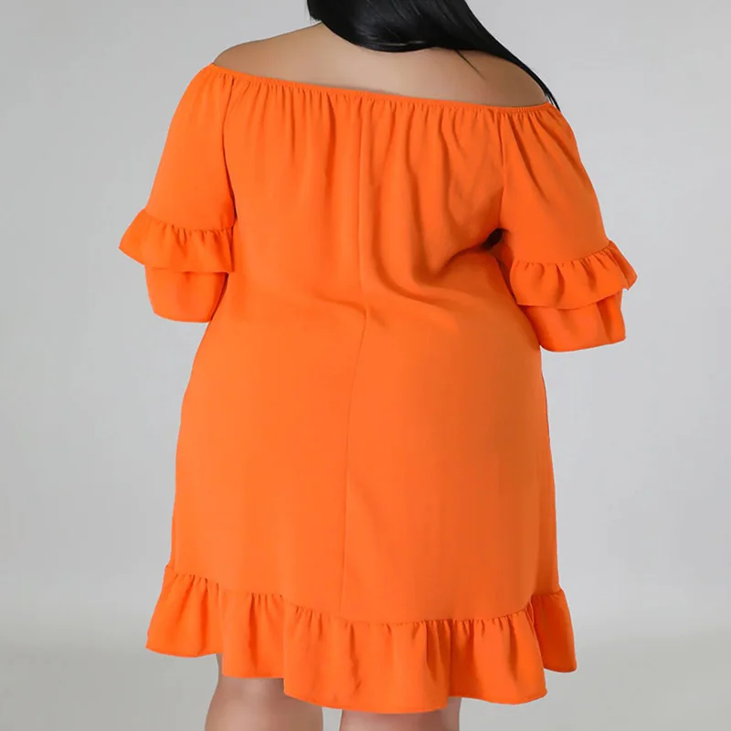 Plus Size Summer New Women's Clothing Solid Color Fashion Off Shoulder Patchwork Ruffles Half Sleeve Sweet Princess Dresses