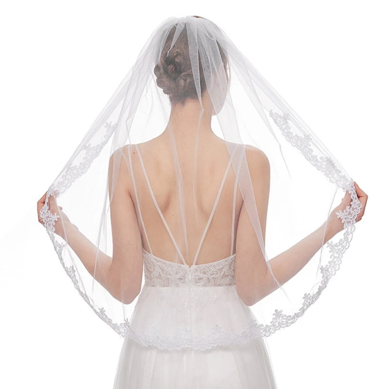 

X7YC 1 Tier Bridal Veil with Metal Comb Sheer Tulle with Lace Trim Wedding Hair Accessories Elbow Veils for Brides White