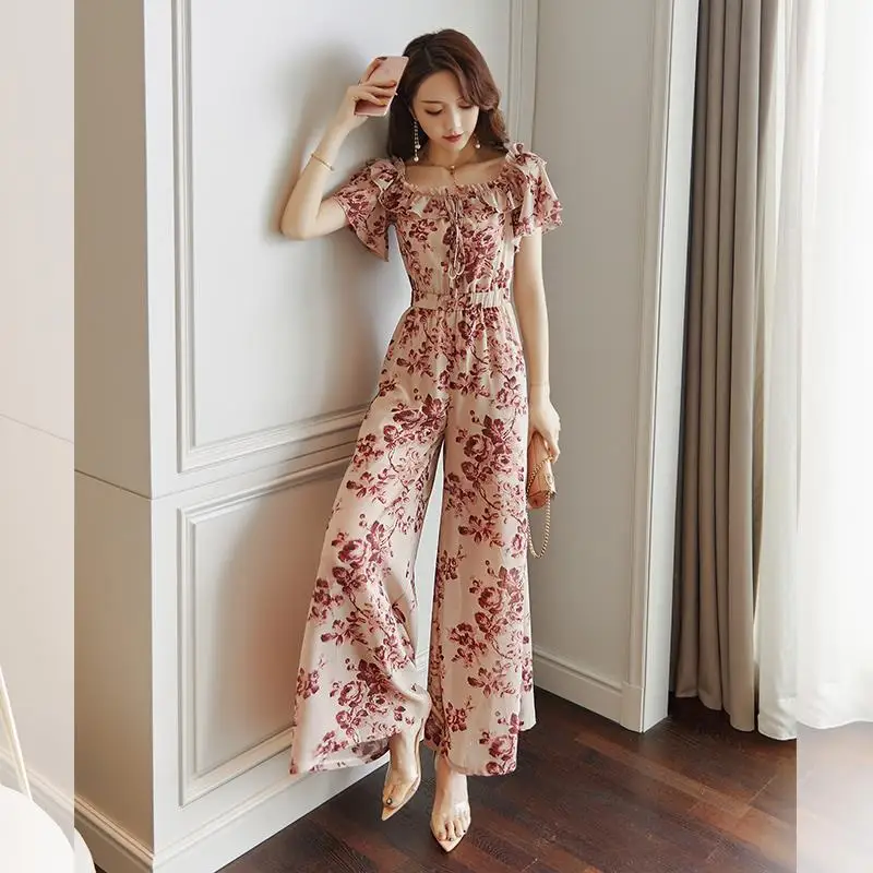 

Women 2022 Summer Elegant Print Chiffon Jumpsuit Female High Waist Wide Leg Rompers Playsuits Lady Overalls Fashion Clothing Q88