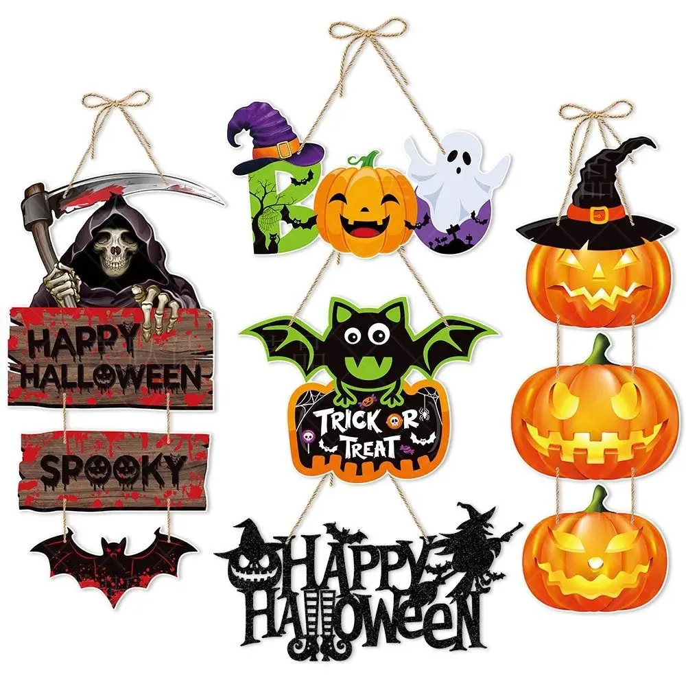 

Halloween Hanging Door Decorations And Wall Signs Pumpkin Ghost Bat Skull Hanging Pendents Festival Party Ornaments Horror Props