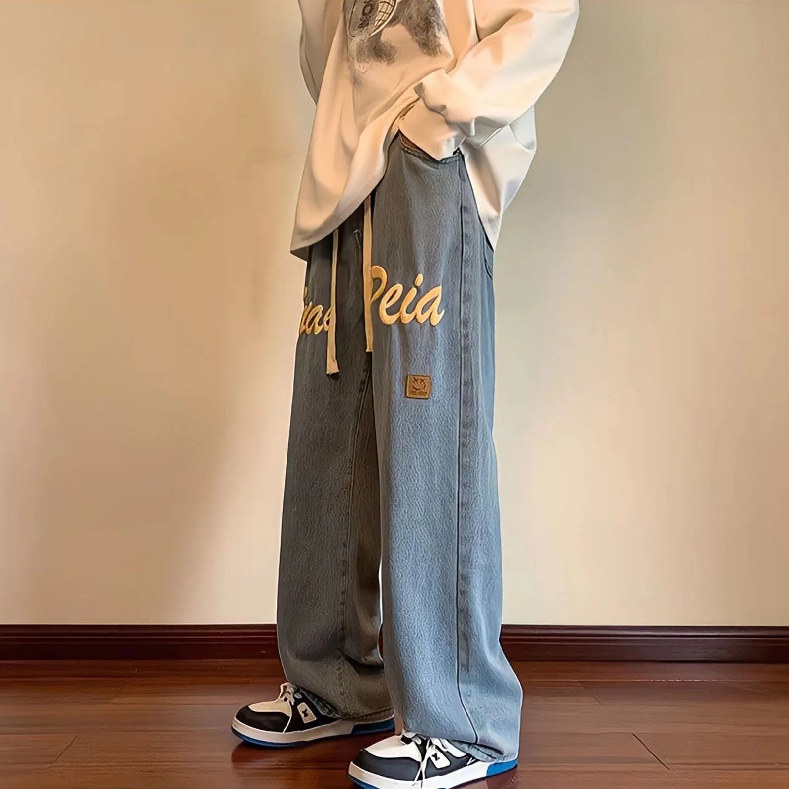 Korean Fashion Baggy Jeans Man Black Straight Pants Streetwear Hip Hop Letter Foaming Printing Oversized Casual Denim Trousers