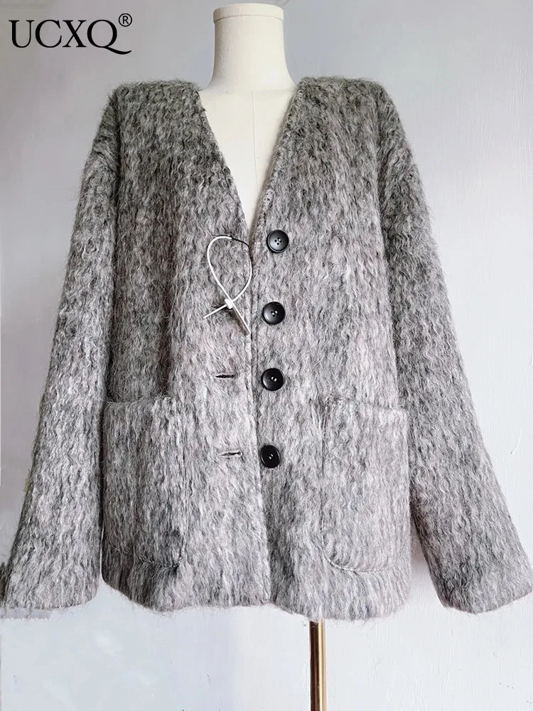 

UCXQ зимняя серая Толстая искусственная Женская Осень 2023 новая однобортная верхняя одежда с длинным рукавом шерстяная куртка 23A5725