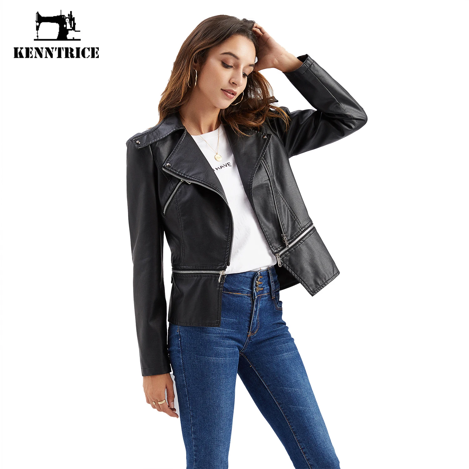 Kenntrice Women Casual Short Outwear Removable Motorcycle PU Leather Jacket 2022 Spring Autumn Female Zipper Slim Coat Ladies