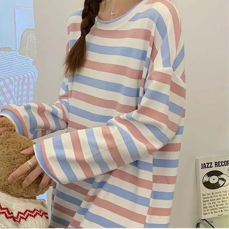 

2023 Nightwear Casual Woman Women Loose New Home Sleepwear Sleeve One Night Pajamas Dress Long Nightgown Piece Striped Autumn in