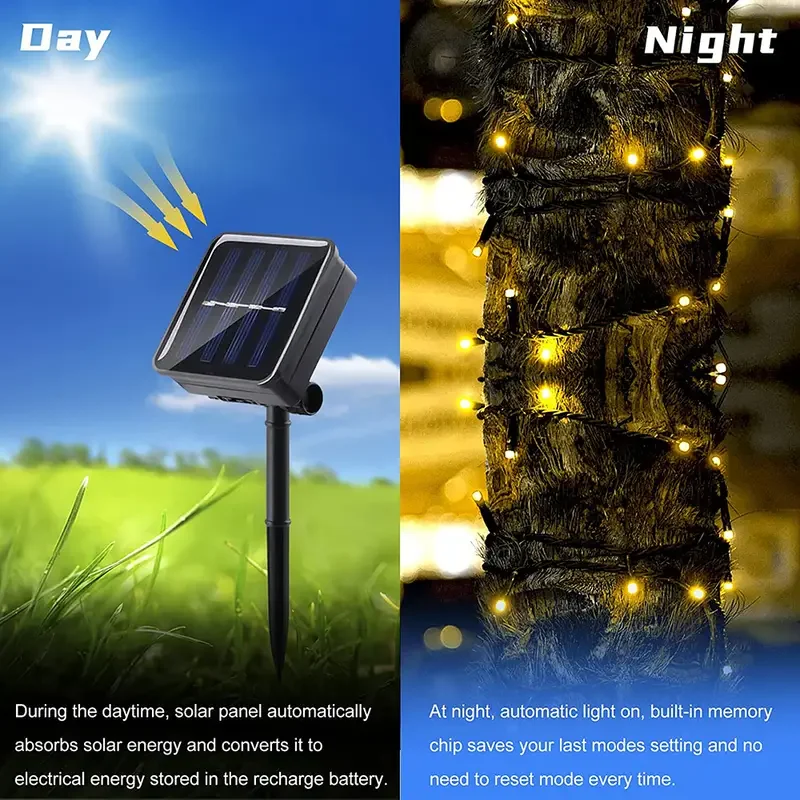 1pc outdoors solar string light 200 leds 8 modes solar lamp led lights strips waterproof for gardens courtyard wedding party mothers day valentines day new year christmas tree home decor details 5