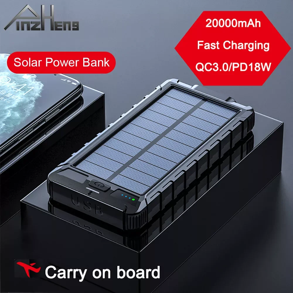 

PINZHENG 20000mAh Solar Power Bank Portable PD 3.0 Fast Charging External Battery Power Bank For iPhone Charger