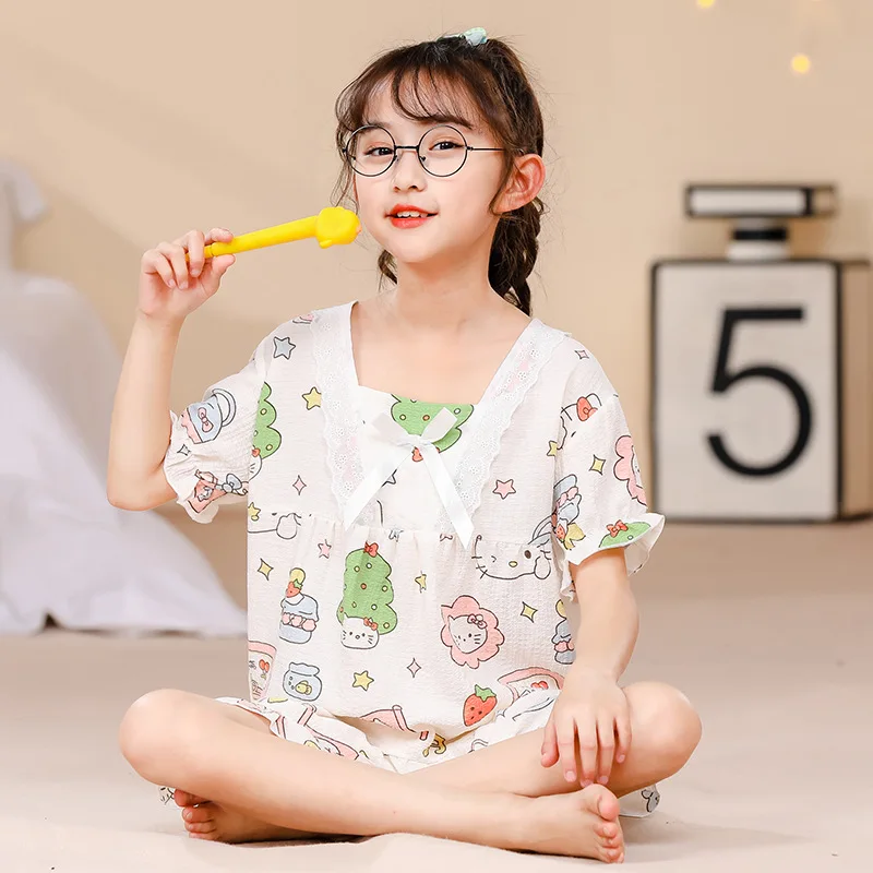 

New Kawaii Hello Kitty Anime Girl Pajamas Children Summer Short Sleeve Shorts Crepe Set Girl Cardigan Big Boy Home Fur Wholesale