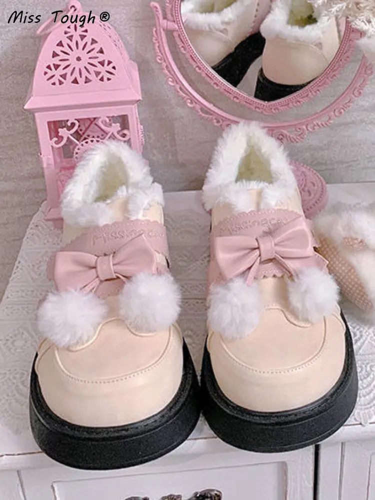 

Туфли Lolita Kawaii женские на плоской подошве зимние теплые в японском стиле Милая Мэри Джейн Женские Дизайнерские повседневные туфли с бантом осень 2022