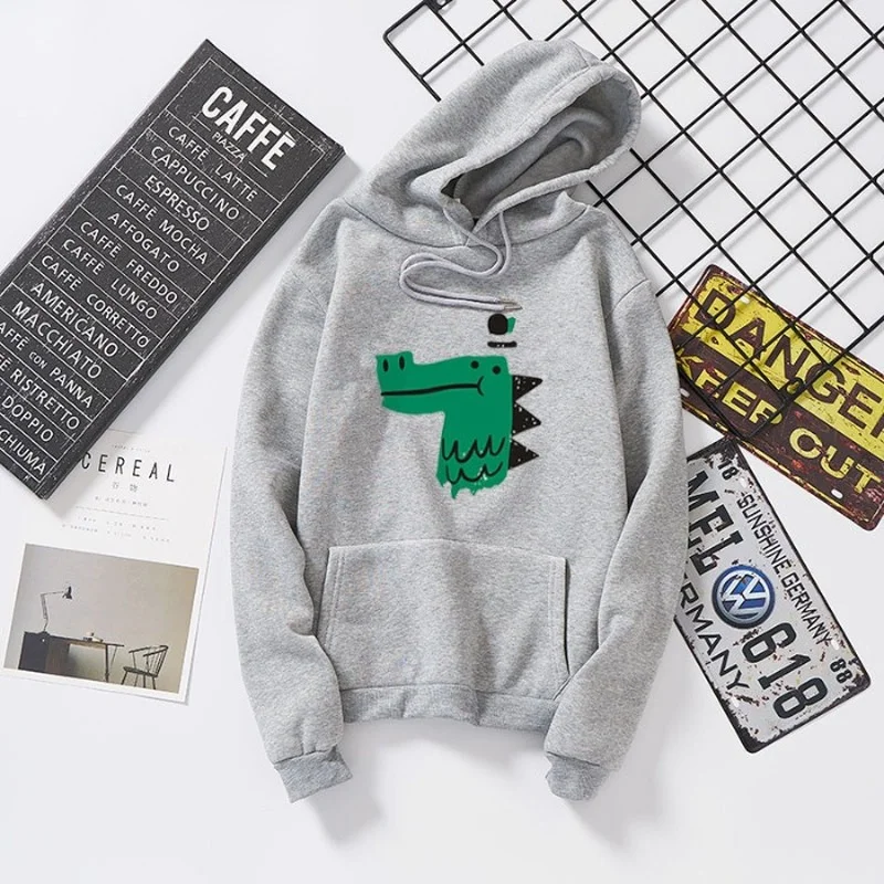 

Kawaii Green Crocodile Print Hoodies Sweatshirts 2021 Women Simple Loose Casual Cute Pullover Couple Clothes Harajuku Streetwear