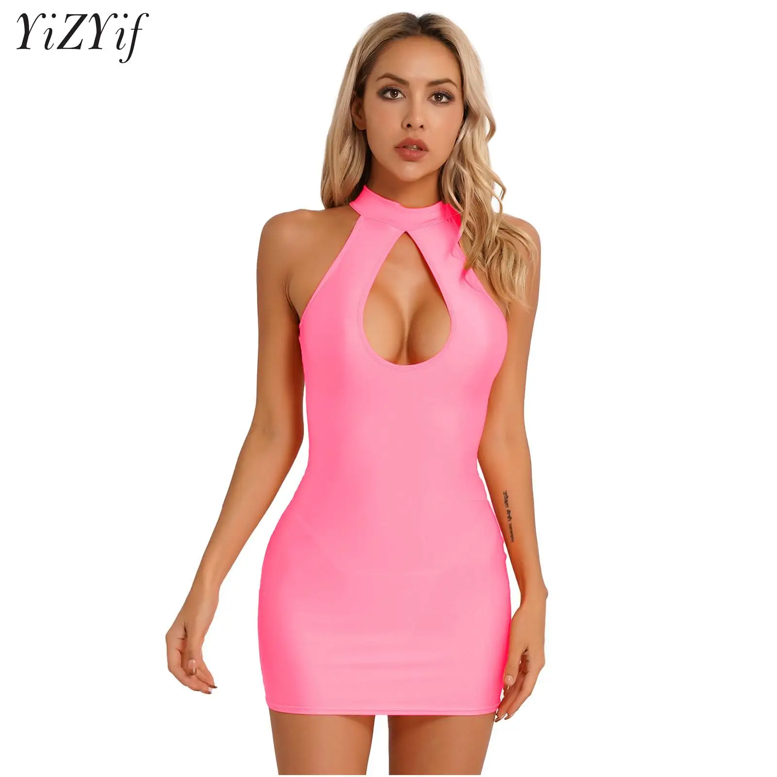

Women Sexy Pencil Mini Dress with G-string Set Halter Backless Cut Out Bodycon Miniskirt Solid Color Lingerie Nightwear Outfit