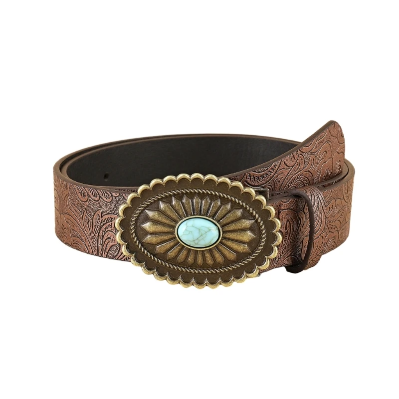 

Teens Turquoise Buckle Belt Eye-catching Adjustable Carved Floral Waist Straps