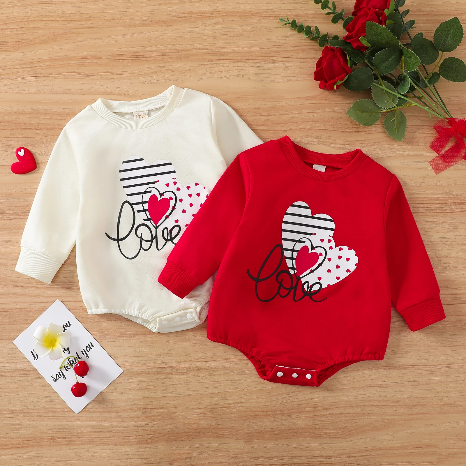 

Valentine's Day Infant Girls Romper Sweatshirts Letter Heart Print Long Sleeve Crew Neck Jumpsuits Autumn Winter Baby Bodysuits