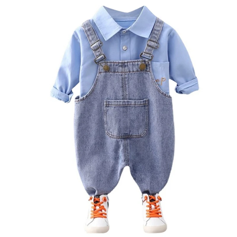 

Baby Long Sleeve Shirt + Denim Straps Pants Casual Suit Boy‘s Clothes Set Children Sets 1-4 Years Cloth