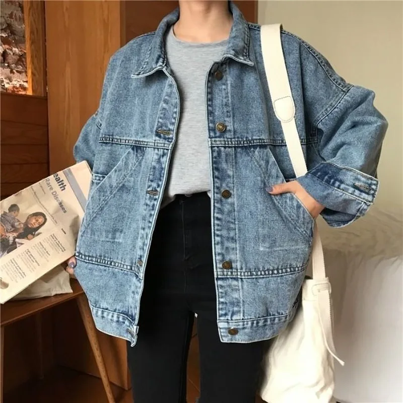 

Basic Jackets Women Vintage Simple Spring Chic Denim Korean College Style Girls Jacket Stylish Turn-down Collar Ladies Outwear