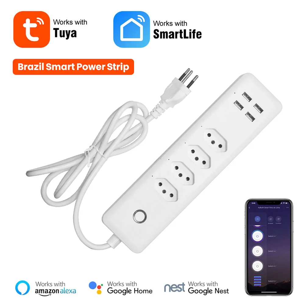 

WiFi Smart Power Strip Brazil Plug Smart Power Strip Extension Socket 4 Outlets 4 USB Ports Works with Alexa App Control