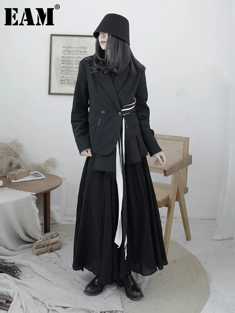 

[EAM] Women Black Irregular Ribbon Blazer New Lapel Long Sleeve Loose Fit Jacket Fashion Tide Spring Autumn 2022 1DD0791