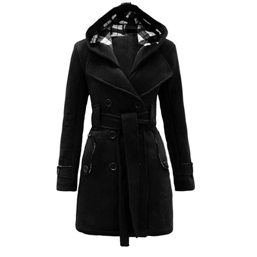 

Women Wool Coat Hooded Autumn Winter Black Belt Gothic Casual Woolen Blends Coats Vintage Plaid Office Elegant Fashion Outwear