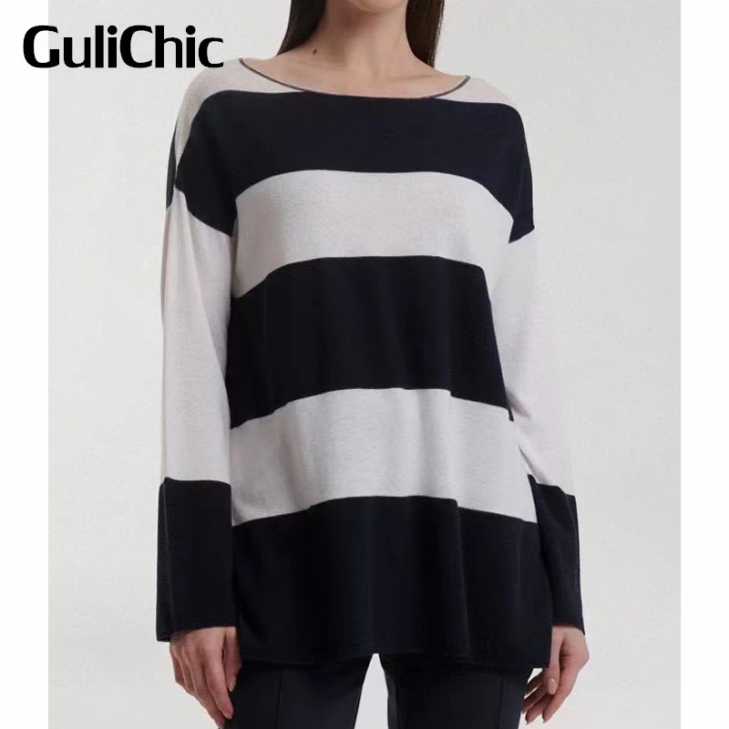

8.31 GuliChic Women Fashion Contrast Color Striped Chain Slash Neck Long Sleeve Comfortable Knitted Pullover Knitwear