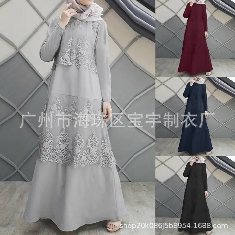 Мусульманское платье, женская кружевная юбка с длинным рукавом и круглым вырезом, длинная юбка, одежда в исламском стиле, кафтан, Женская юб...