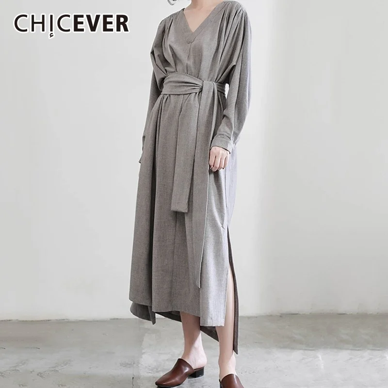 

CHICEVER Autumn Dresses For Women V Neck Long Sleeve High Waist Bandage Irregular Split Hem Dress Female Fashion Casual Clothing