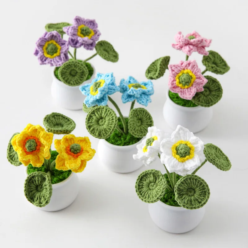 

Hand-knitted Flowers Artificial Lotus Flowers Potted Hand-woven Flower Bonsai Desktop Ornament Car Home Decoration Gifts