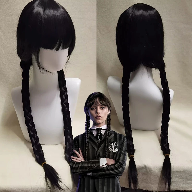 

Women Long Black Hair Wig with Bang Movie Wednesday Addams Cosplay High Temperature Resistant Synthet Cool Braided Wig Halloween