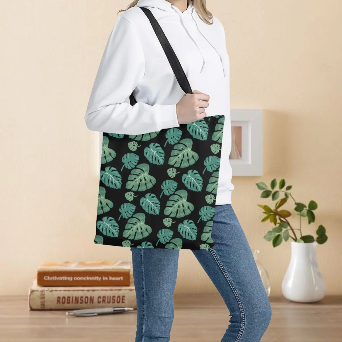 

Shoulder Bags for Women Shopping 2023 Hawaiian Tropical Banana Leaves Monstera Reusable Foldable Women Totes Bag Cloth Handbags