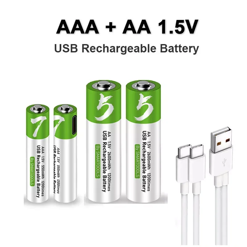 

2PCS AA+AAA USB Rechargeable battery 1.5V AA 2600mWh/AAA 550mWh li-ion batteries for mouse,clock,Shaver,hermometer+TYPE-C Cable