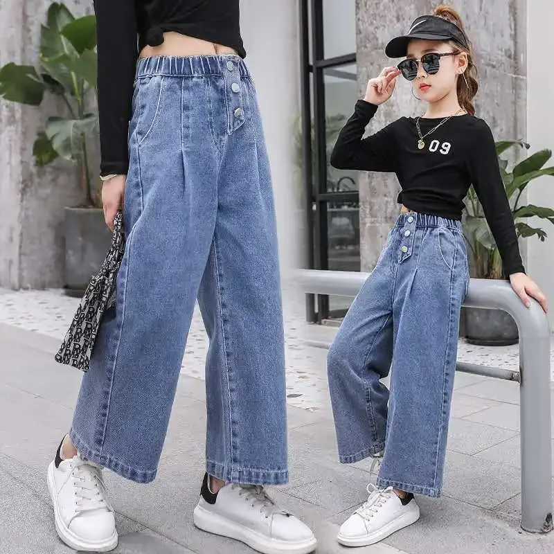 

Girls Jeans Autumn Children New Wide Leg Trousers Fashion Teen Kids Straight Button Denim Pants Girls Clothes 4 6 8 10 13Yrs
