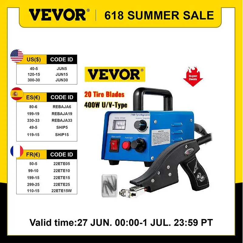 

VEVOR HSD-T100 Tire Groover Machine 400W Grooving Tool With 20 Tire Blades Including U / V-type for Race Car Truck Motorcycle