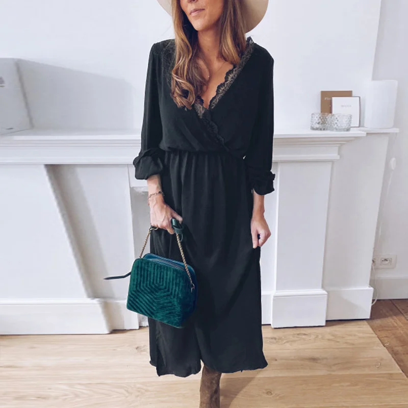 

Casual sexy 2023 hot dress, spring and summer new women's wear new lace V-Neck long sleeve dress loose long skirt vesti
