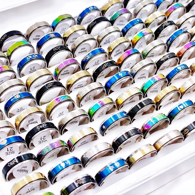 

50Pcs/Lot Stainless Steel Rotating Spinner Rings for Women and Men Fashion Multicolor 6MM Anxiety Ring Jewelry Gift Accessories
