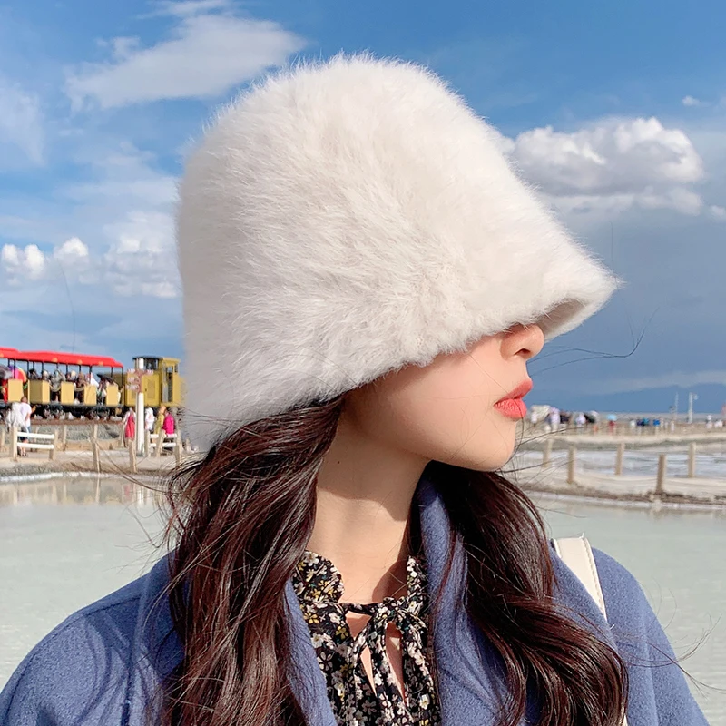 

2022 Winter Women Fashion Solid Color Rabbit Fur Bucket Hat Warm Fisherman Hat Retro Knitted Soft Wool Basin Hat