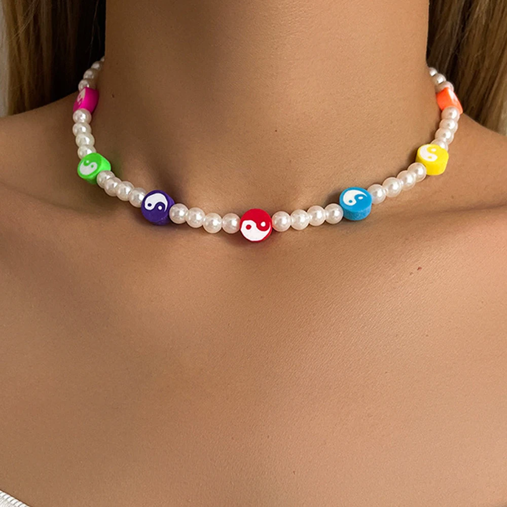

New Fashion Ladies Fashion Colorful Gossip Stitching Pearl Necklace Pendant Clavicle Chain Fashion Party Gift