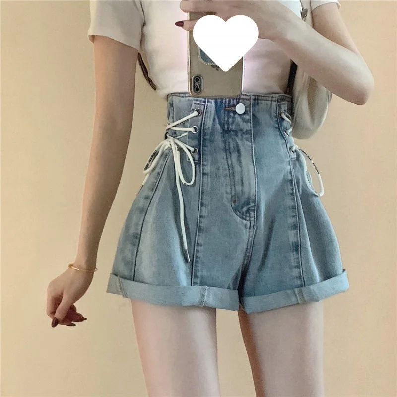 Chic Blue Denim Shorts for Women Korean Fashion High Waisted Shorts 2023 Summer Female Edge Curl Casual Loose Short Jeans Woman