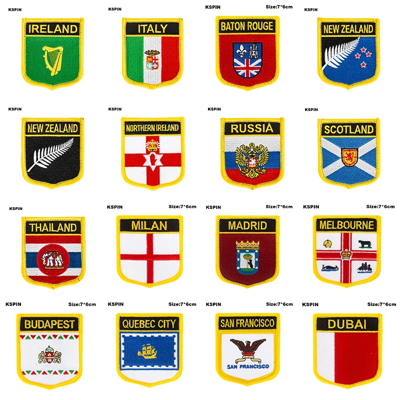 

Shield Shape Flag Patches Italy New Zealand Scotland Thailand Budapest Quebec City San Francisco Dubai Hamburg Milan