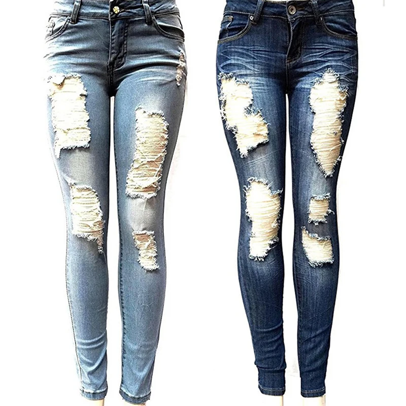 

2022 Newest Hot Womens Stretch Skinny Ripped Hole Washed Denim Jeans Female Slim Jeggings High Waist Pencil Pants Trousers