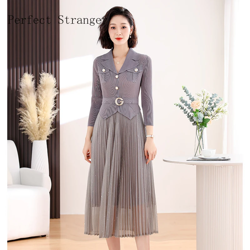 Женское плиссированное платье-двойка Sanzhai длинное Сетчатое платье с длинным